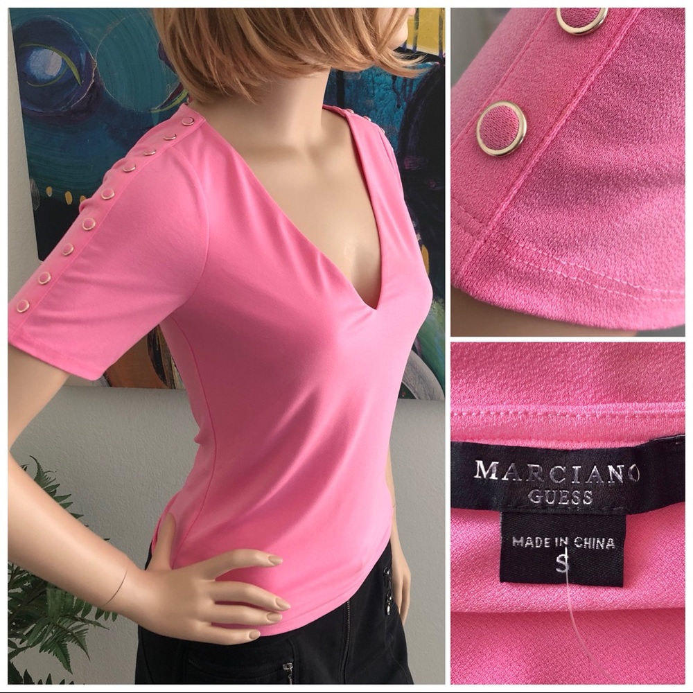 Guess by Marciano Pink Short Sleeve V-Neck Top